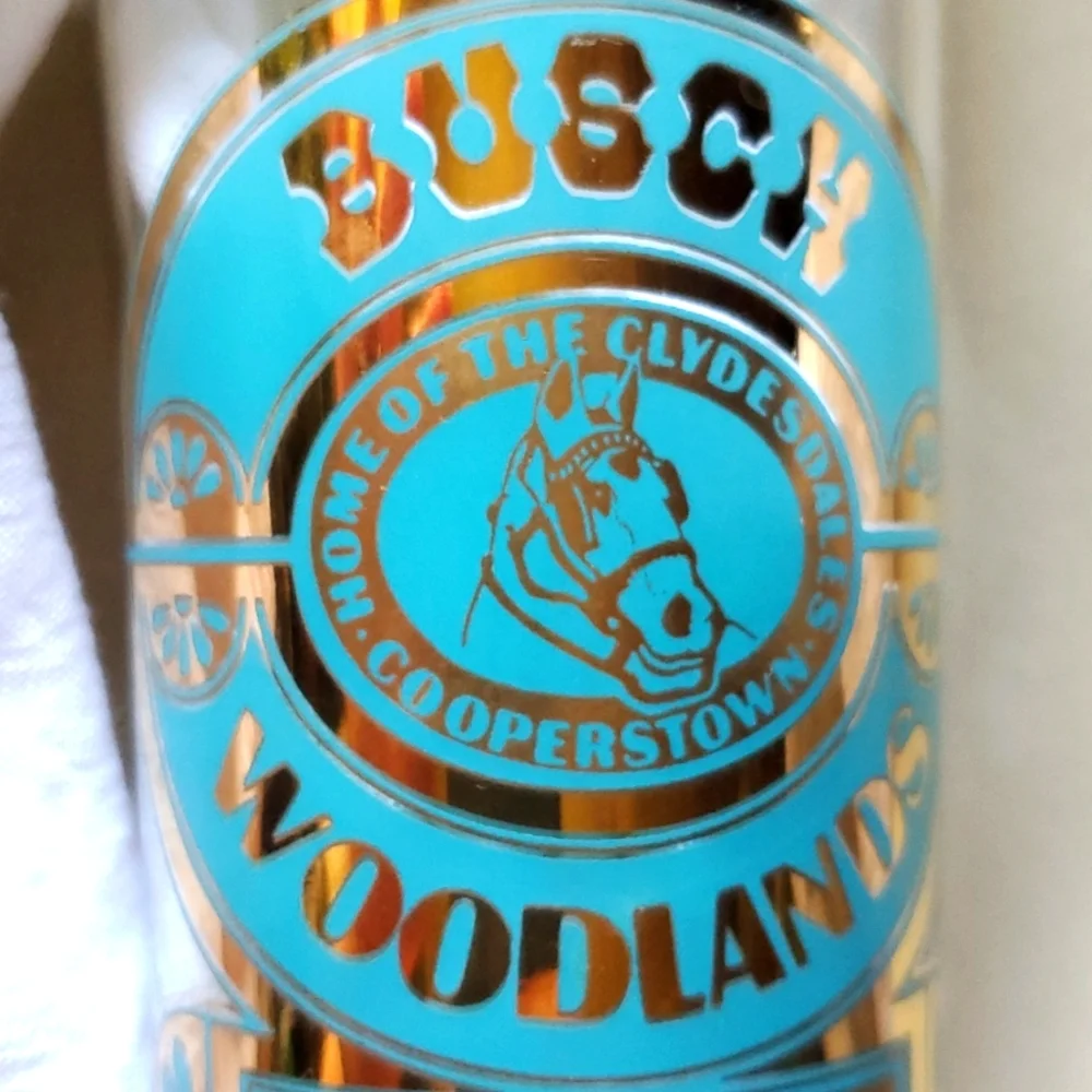 Vintage Busch Woodlands Clydesdale Horses Gold + Aqua Drinking Glass